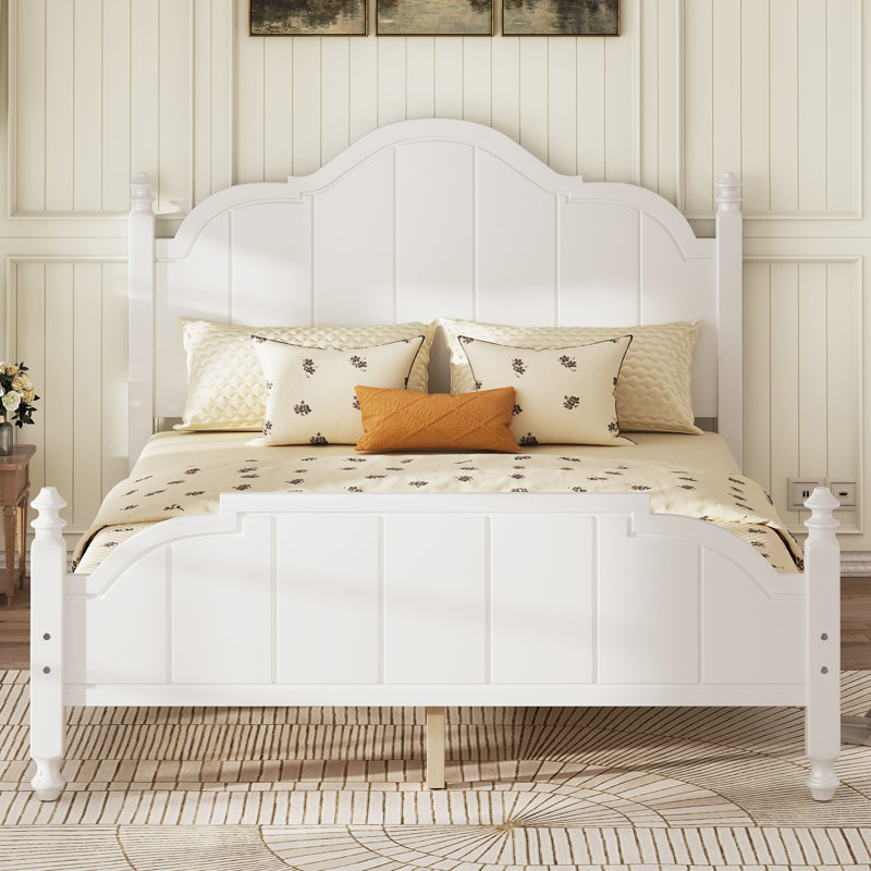 Cadre de lit grand avec tête de lit, cadre grand lit rétro avec support à lattes, grand lit plateforme en bois, aucun sommier requis, assemblage facile, blanc