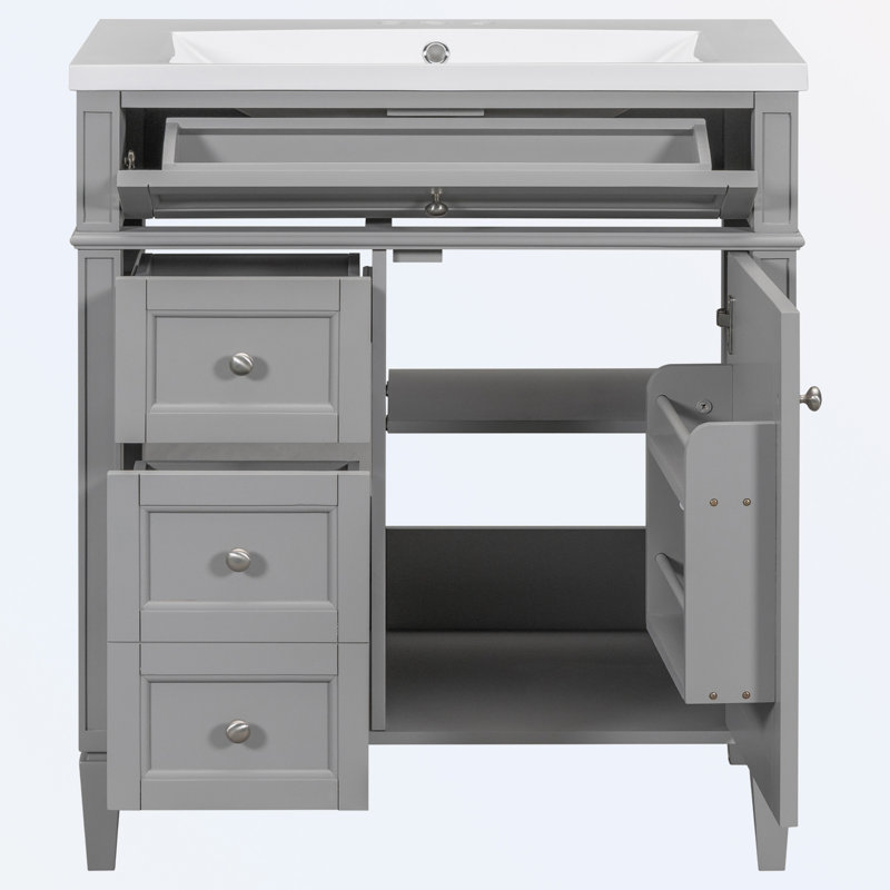 Dylnn Freestanding Bathroom Cabinet,30'' Bathroom Vanity with Top Sink with 2 Drawers and a Tip-out Drawer , Gray/Silver