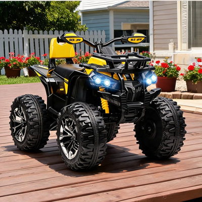 VTT électrique à 4 roues pour tout-petits, construction en PP et en métal, finition jaune, lecteur de musique, phares, capacité de 66 lb
