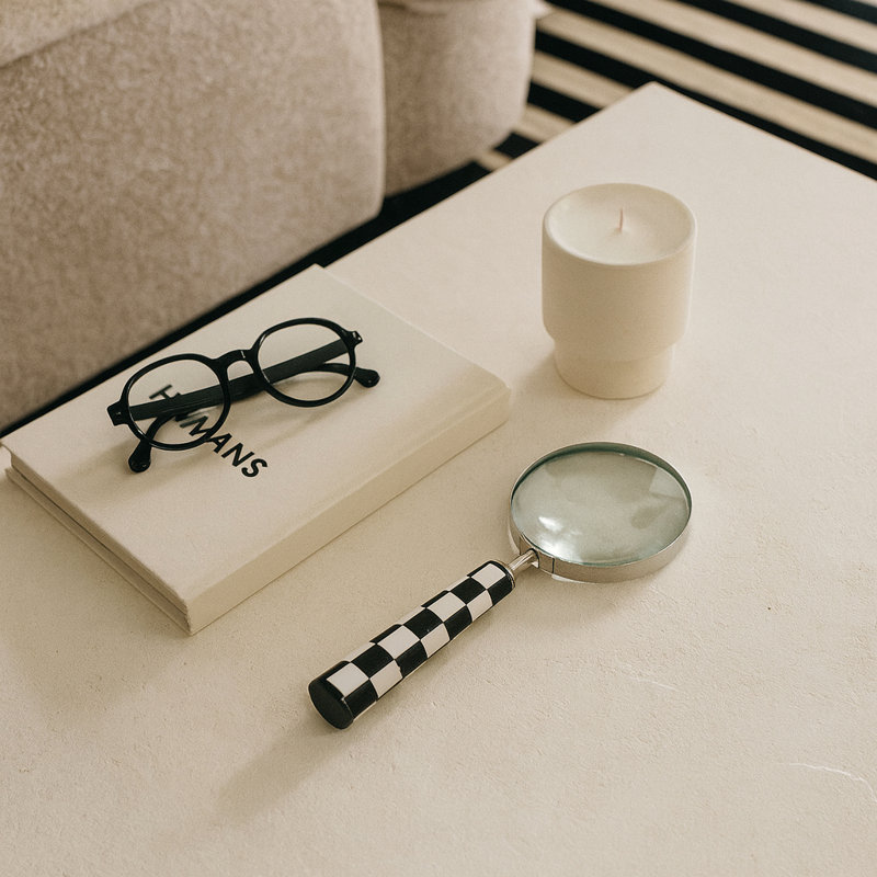 Decorative Round Glass Magnifying Glass Object with Resin Handle for Home Decor - Sculptural Figurine Accent for Decorations for Living Room - Black/White
