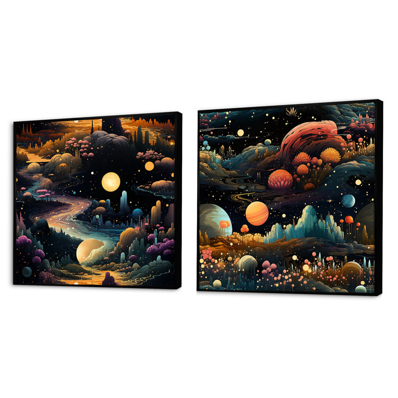 Fenouil - Ensemble de 2 collage de paysages abstraits carrés, Cadre flottant noir, H 30 po x l 61 po
