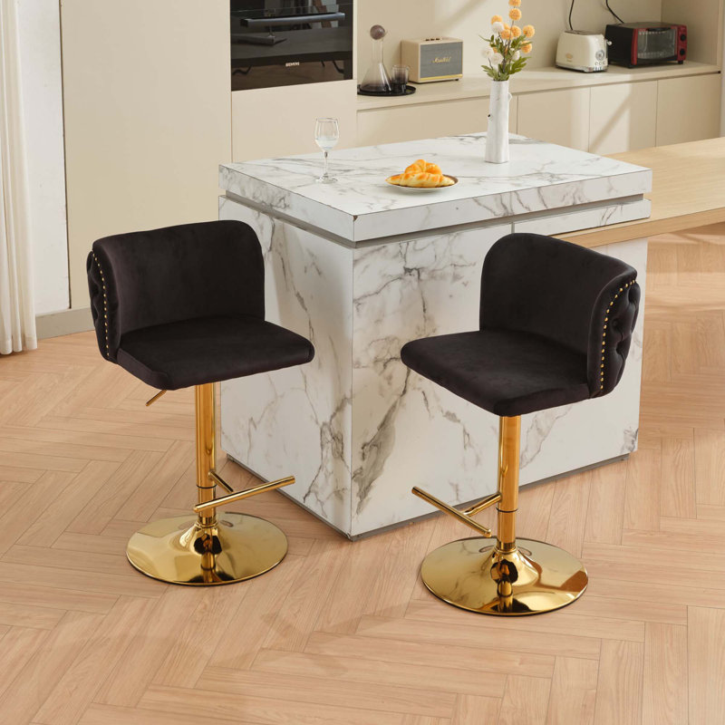 Jeneanne Upholstered Adjustable Height Counter Stool, Gold, Black Velvet