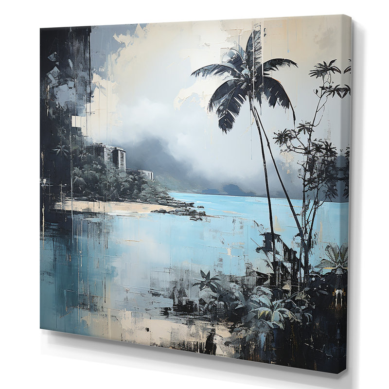 Impression sur toile de palmiers tropicaux tropicaux bleu et gris I - Nautique et plage, Toile tendue