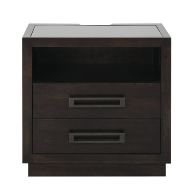 Modern Nightstand With 2 Drawers, LED Light, Storage Cubby, USB Ports, Power Outlets, Glass Top, Charcoal Finish Bedside Table | Gift Idea