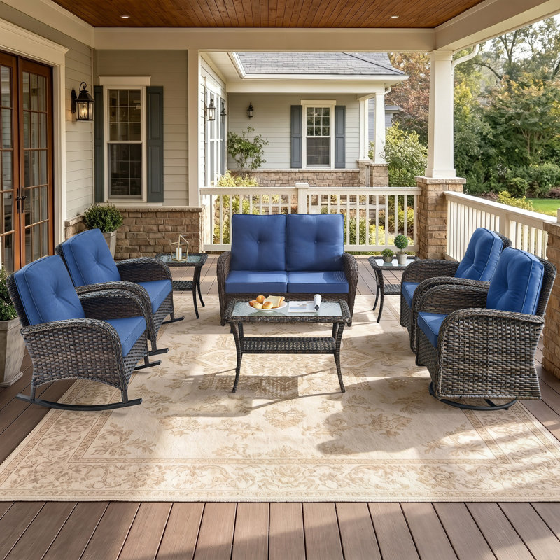Ensemble de conversation 8 pièces avec chaises berçantes et pivotantes pour l'extérieur, Bleu, Brun