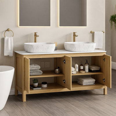 Meuble-lavabo autoportant moderne de 60 po avec portes en bambou, plateau en pierre frittée blanc de Carrare et vasque en marbre, rangement à tablettes ouvertes, grain de bois naturel