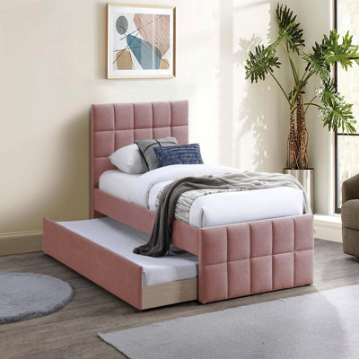 Contemporary Style 1pc Full Size Bed W/ Trundle Upholstered Headboard And Footboard Grid Pattern Light Pink Finish Bedroom Furniture