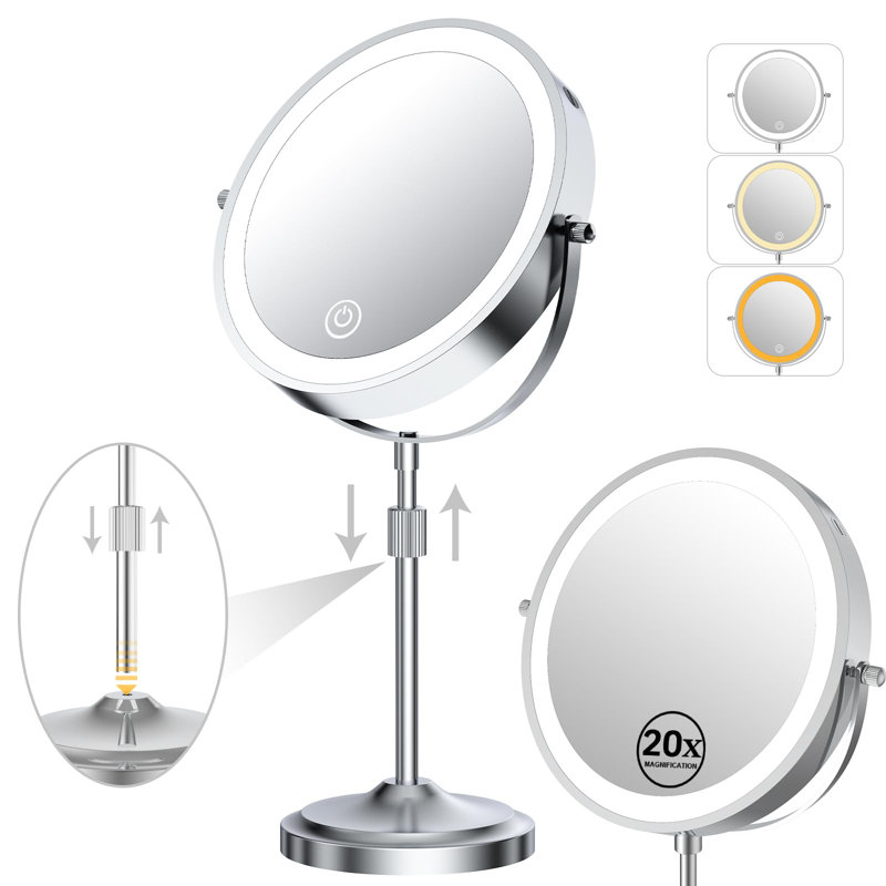 Miroir grossissant 9 "avec lumières 20X, miroir de maquillage lumineux réglable en hauteur avec grossissement, à intensité variable, 3 couleurs d'éclairage, chrome