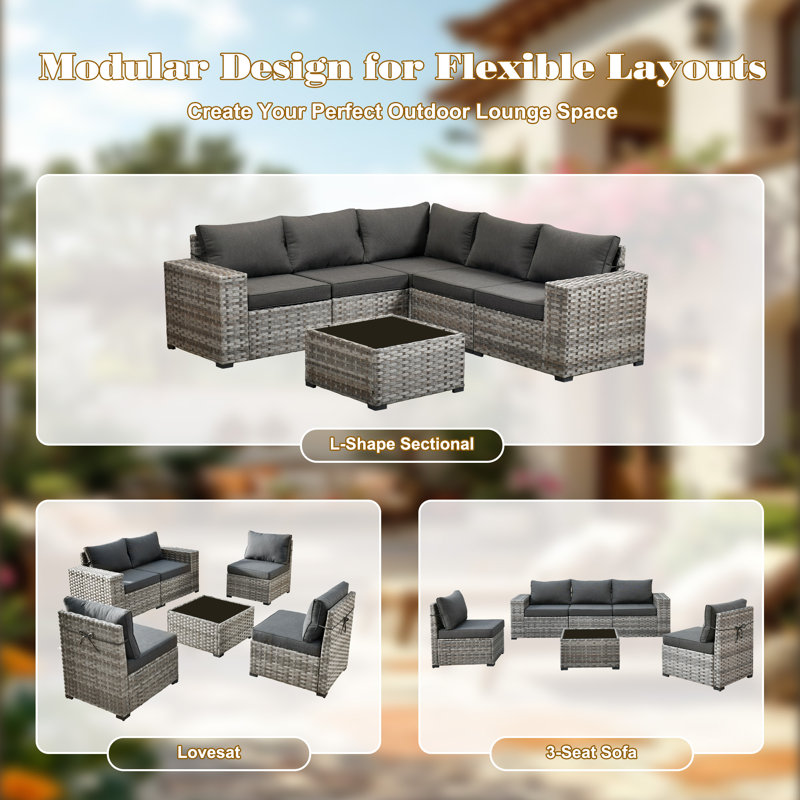 Bobia 13-piece Modular Outdoor Wicker Sectional Sofa Set With Propane Fire Pit Table, Wide Armrests, Rattan Patio Conversation Set With Coffee Table And Cushions