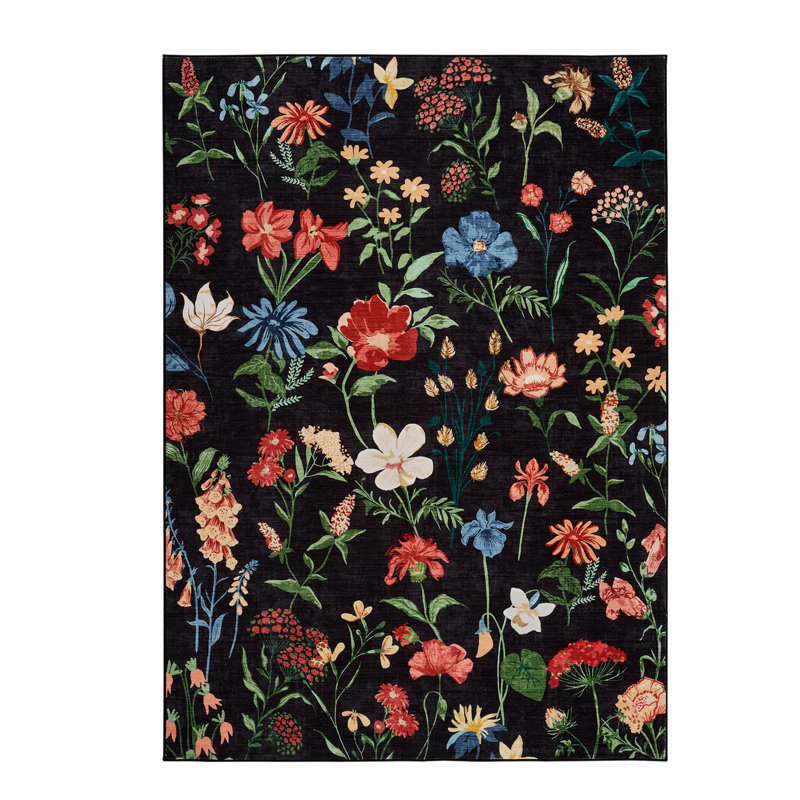 Modern Floral Area Rug 8x10 Washable Living Room Rug with Non Slip TPR Backing, Low Pile Thin Foldable Indoor Mat, Soft Non Shedding Printed Carpet for Bedrooms, Black