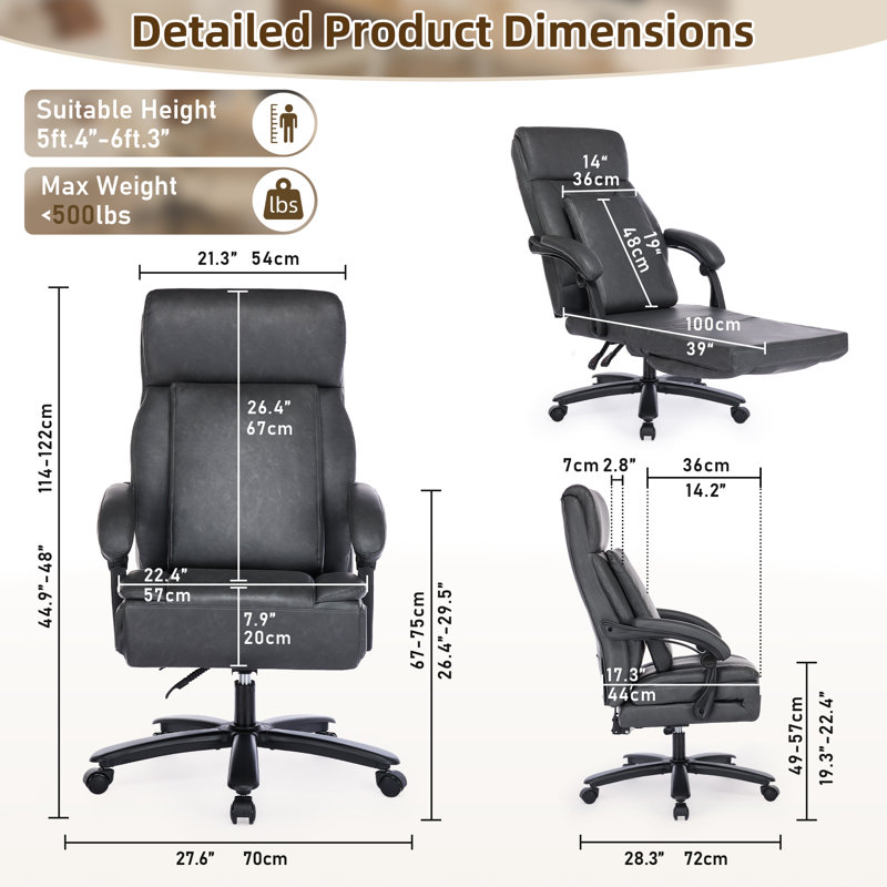 Fauteuil de direction en similicuir d'une capacité de 500 lb, chaises de bureau robustes et pivotantes avec dossier réglable et repose-pieds