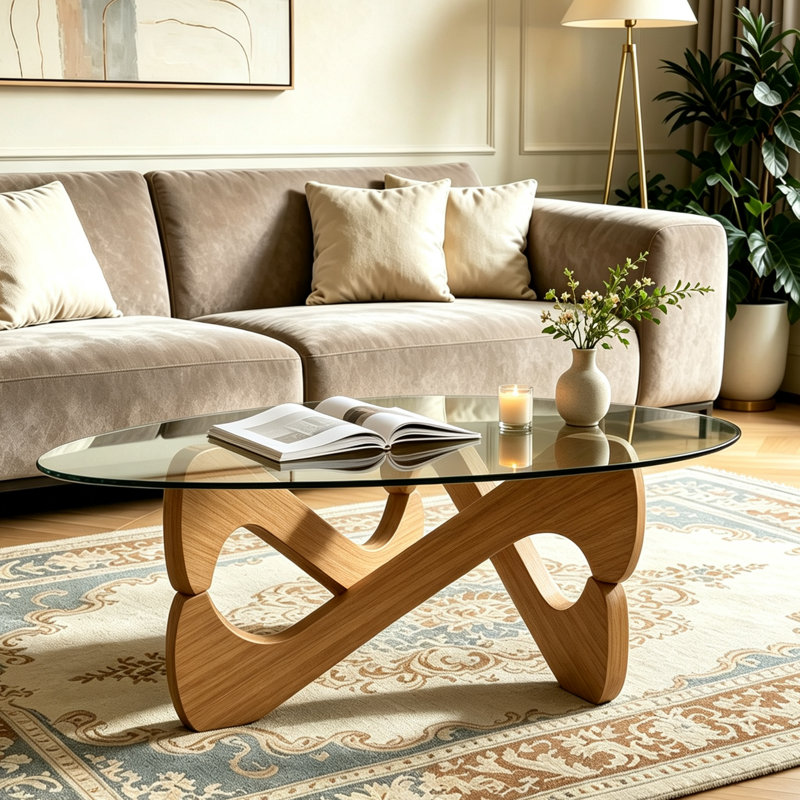 Table basse moderne triangulaire, plateau en verre trempé de 32,3 po avec base sculpturale en bois, table d'appoint pour le salon, petits espaces