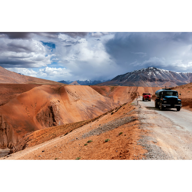 Blue And Red Truck On Cloudy Day by Pavliha - No Frame Art Prints on Canvas, 51cm H x 76cm W