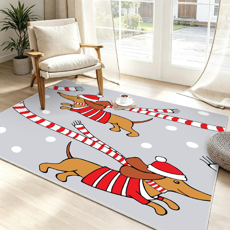 Tapis de Noël rouge romantique avec dessin de teckel et écharpe de teckel, Rectangle 39" x 63"