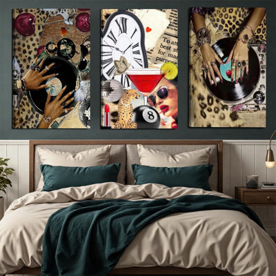 3PC Leopard Animal Print Framed or Unframed Canvas Wall Art Set | Black Woman Silhouette & Lucky 8 Ball Retro Poster | Funky Aesthetic Decor for Living Room, Bedroom, Dorm, Apartment | Multiple Sizes