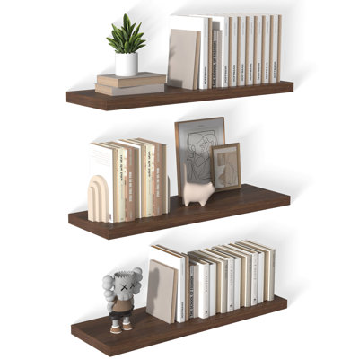  12 Inch Deep Floating Shelf, 36 x12 Inch Large Wall Mounted Shelf for Kitchen, Bathroom, Living Room, Walnut (3 Pack)