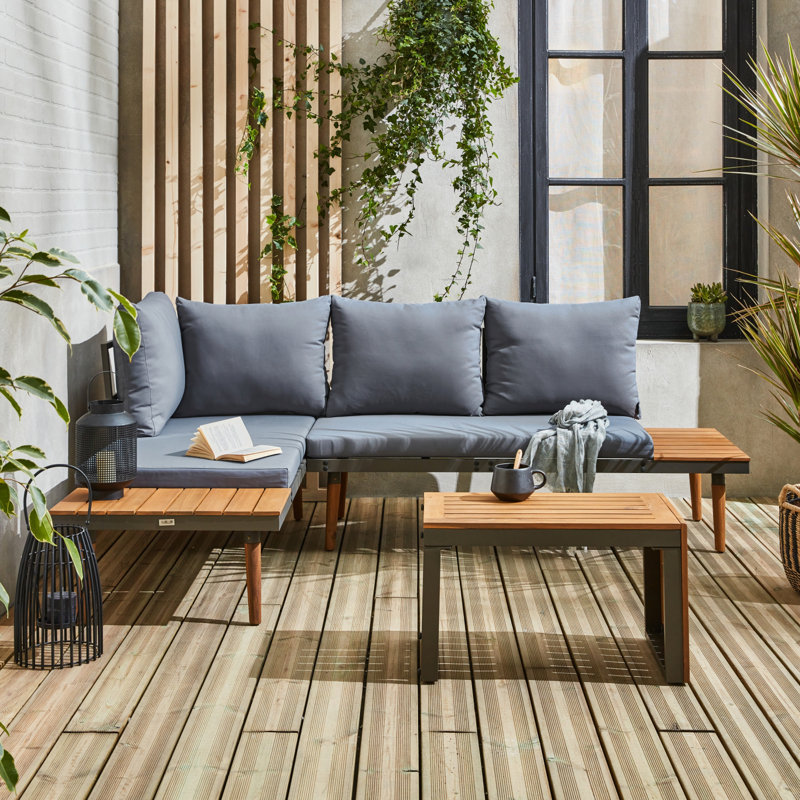 Medota 4-seater modular aluminum and acacia garden lounge set, Blue