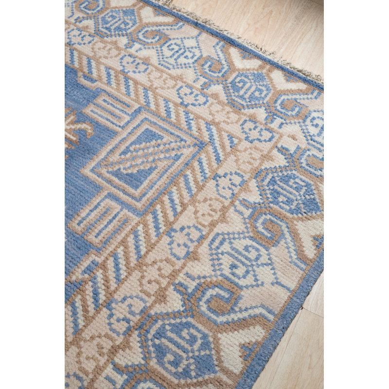 Blue Hand-Knotted Wool Circular Emblem Medallions Geometric Modern Contemporary Carpet Rug, 6' x 9'