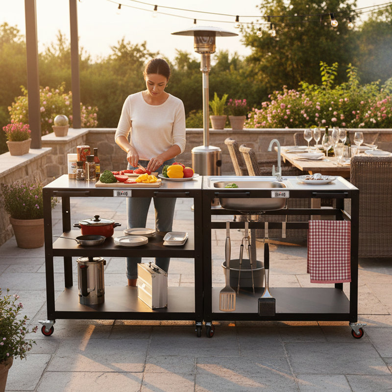 Outdoor Kitchen Series 2 Piece Modular Outdoor Kitchen Set, Stainless Steel Cooking and Sink Station with Storage, Movable Casters for Backyard, Garden, Patio
