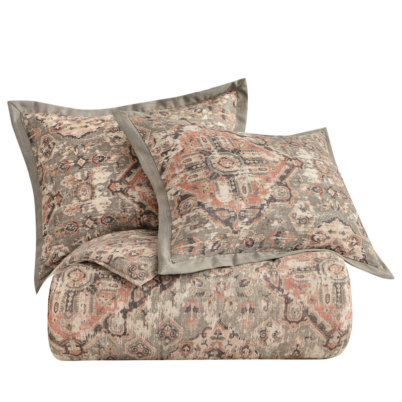 Carmen Taupe Linen Medallion Pattern Classic Modern Rustic Comforter Set, King Comforter + 2 Shams