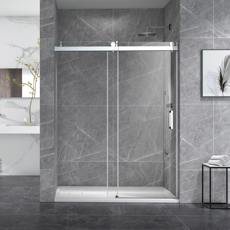 Porte de douche coulissante simple sans cadre 56-60 x 76 po avec fermeture en douceur et verre transparent de 3/8 po