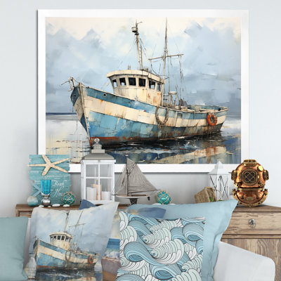 Bateau de pêche bleu et blanc - bateau côtier, art mural