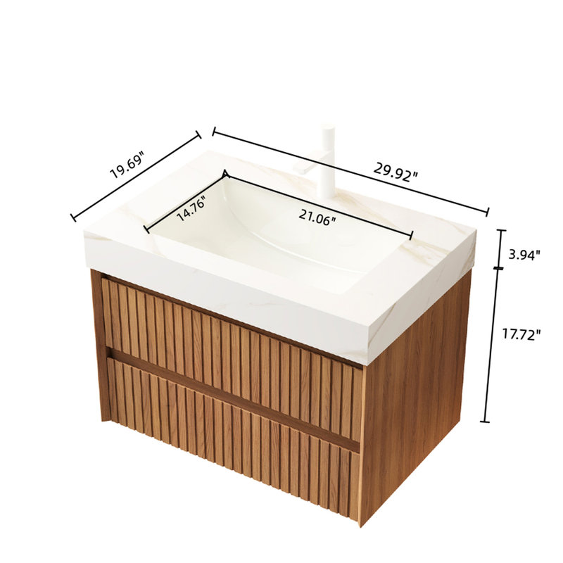 Unité de meuble-lavabo mural 30 po, plateau en pierre frittée dorée, sous-comptoir en céramique, tiroir en bois massif, structure d'armoire résistante, armoire de rangement, pierre, corps en contreplaqué, tiroirs à fermeture en douceur