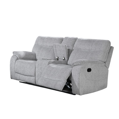 Chela Manual Reclining Loveseat With Console, 73 Inch Mist Gray Polyester