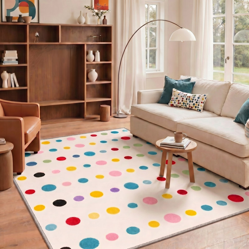 Tapis blanc / bleu à pois lavable à la machine avec envers antidérapant, Rectangulaire 8 pi x 10 pi