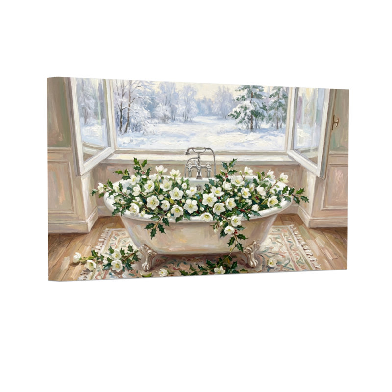 Scène de fenêtre d'hiver avec plantes et fleurs, H 12 po x l 18 po