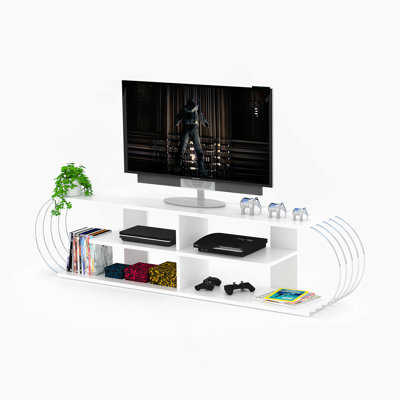 Meuble télé Mid-Century 4 tablettes avec espace de rangement et meuble télé 68 po