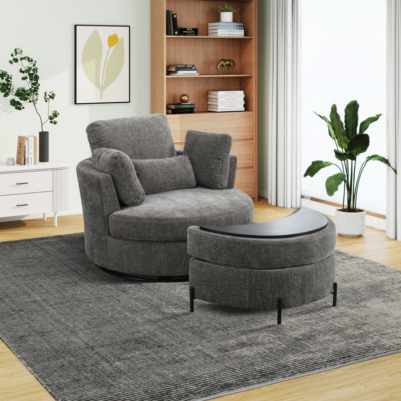 Achorn Upholstered Slipcovered Swivel Barrel Chair with Ottoman, Gray Chenille