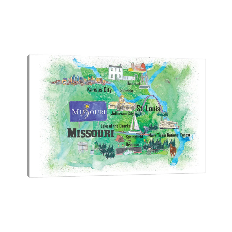 USA, Missouri Illustrated Travel Poster by Markus & Martina Bleichner - Wrapped Canvas Print, 20.32 cm H x 30.48 cm W