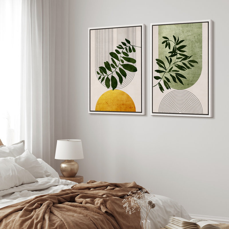 White Framed Geometric Green and Yellow Abstract Canvas Art Set