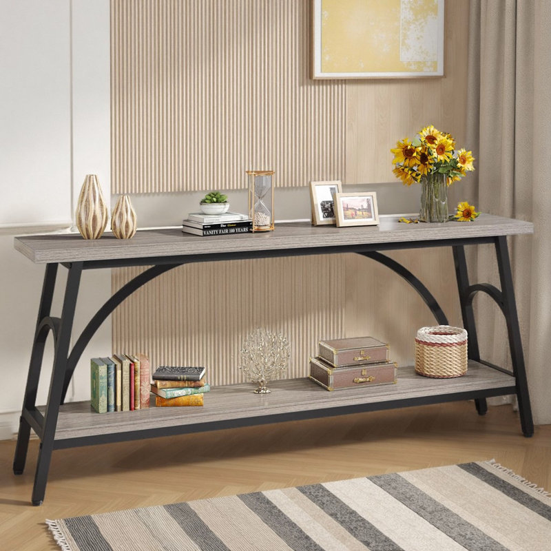 Console en bois 70,8 à 2 niveaux avec structure en acier, Gris