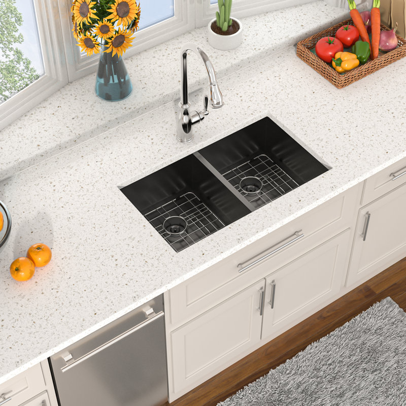 Évier de cuisine à double cuve encastrable avec accessoires L 33 po x l 19 po