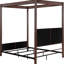 Queen Canopy Bed Made Of Rust Brown Metal, Beige Upholstered Headboard And , Vertical Grooves On Posts, Open - Frame For Airy Feel, Bedroom Essential Metal Bed, Headboard, Frame, Canopy, Box Spring