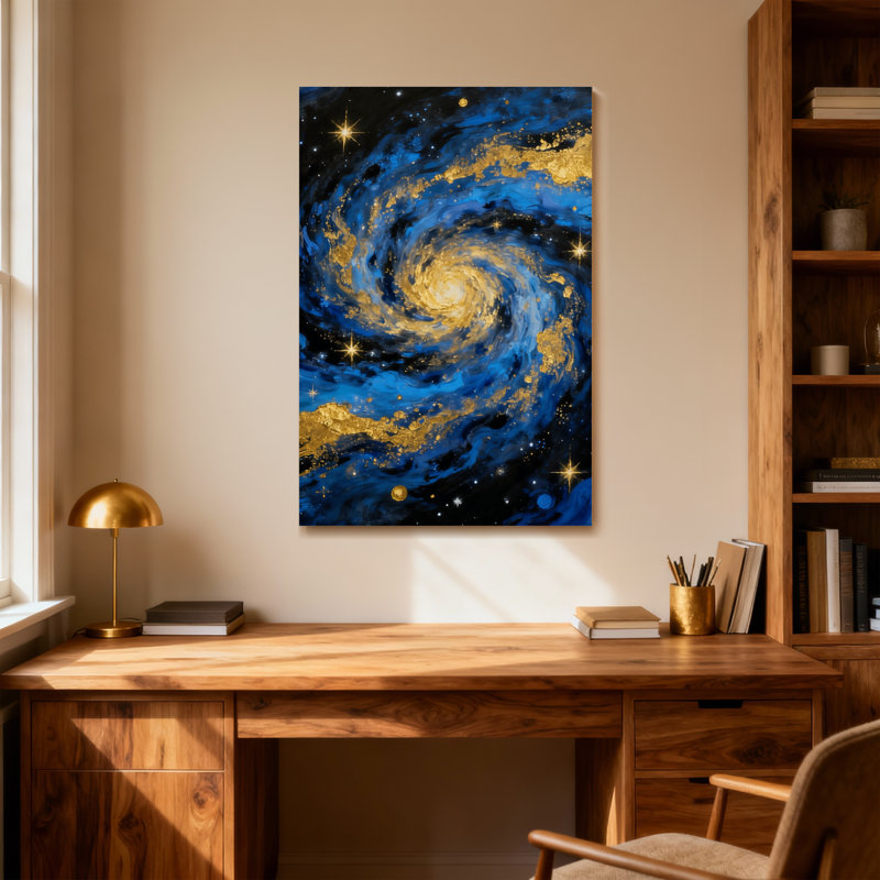 Paysage et nature galaxie spirale bleu or étoiles cosmos, H 24 po x l 16 po