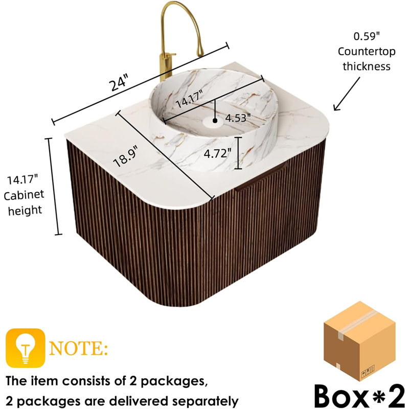 24" Bathroom Vanity with Sink, Bathroom Cabinet with Ultra-Thin Ceramic with Large Drawer, No Assembly Required, Walnut
