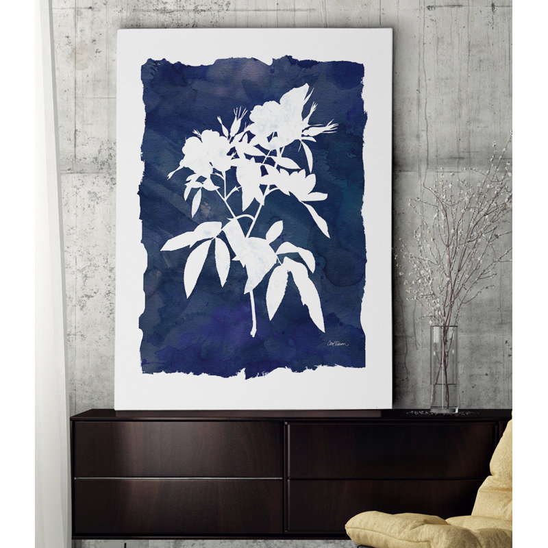 « indigo botanique i », reproduction de peinture à l’aquarelle sur toile tendue, H 16 po x l 20 po x P 1,5 po