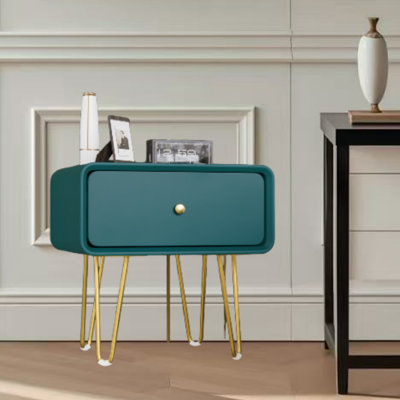 Single Drawer Dark Green Solid Wood Bedside Table