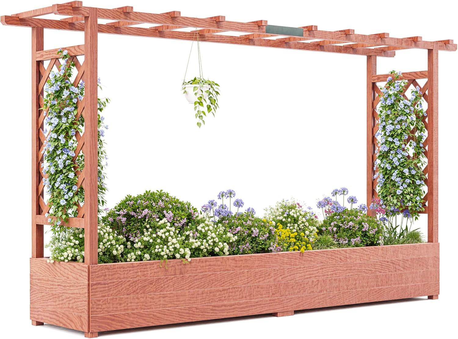 Wooden Elevated Garden Planter With Trellis - 44.88" H x 78.94" W x 17.32" D
