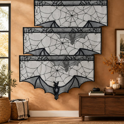 Cantonnières d'Halloween en dentelle noire, 3 pièces, toile d'araignée et chauve-souris avec bords festonnés; Décoration spooky réutilisable pour manteaux de cheminée, portes ou fenêtres