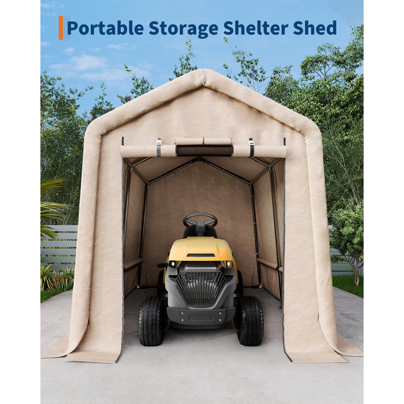 7x12 FT Outdoor Portable Storage Shed with Roll-Up Door & Vent, Heavy-Duty Shelter Waterproof PE Tarp, UV-Resistant for Motorcycle, Firewood, Garden and Tools (Khaki)