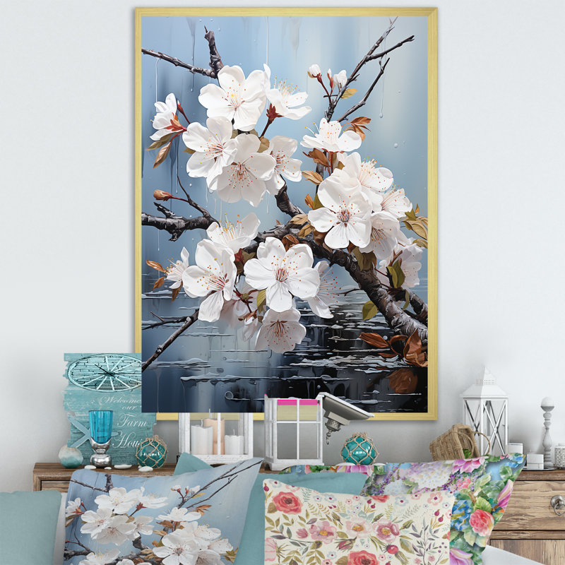 Minimalisme blanc et bleu Cherry Blossom III - impression d'art sur toile Cherry Blossom, Cadre doré simple