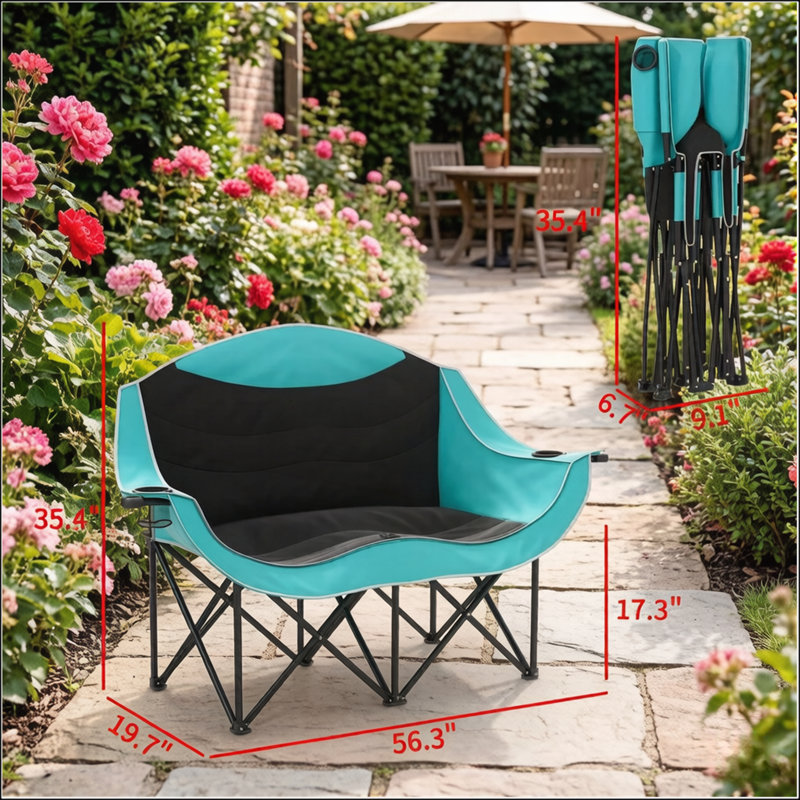 Foldable Two-Person Outdoor Loveseat with Padded Seats and Durable Metal Frame for Camping and Hiking