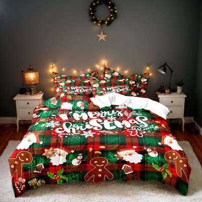 Shenglei Merry Christmas Patchwork Plaid Microfiber Duvet Cover Set with 2 Pillowcases, Full (Inserts Not Included)