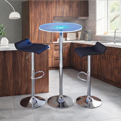 Ensemble de bar 3 pièces contemporain réglable avec plateau rond en acrylique et tabourets en similicuir noir, base en métal chromé, 23 po