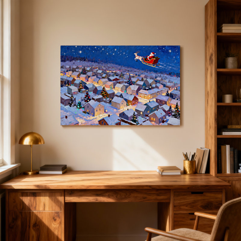 Père Noël de Noël survolant la ville enneigée la nuit, H 24 po x l 36 po