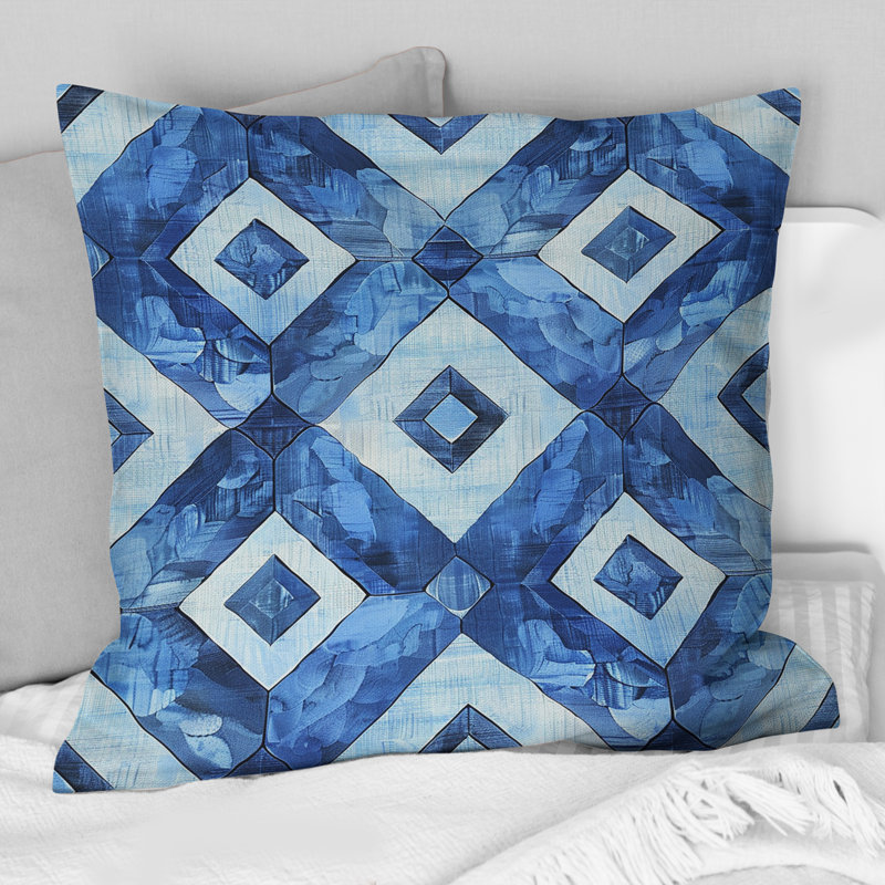 Coussin moderne bleu, blanc et treillis moderne I, H 16 po x l 16 po